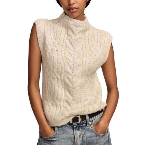 Lucky Brand Women Metallic Cable-Knit Sweater Vest Ivory Silver Size S MSRP $90